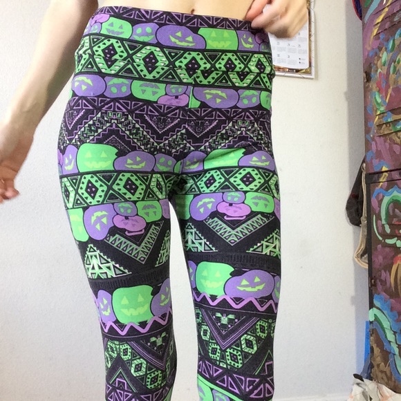 Lularoe Neon Pumpkin One Size Leggings Halloween - Picture 6 of 7